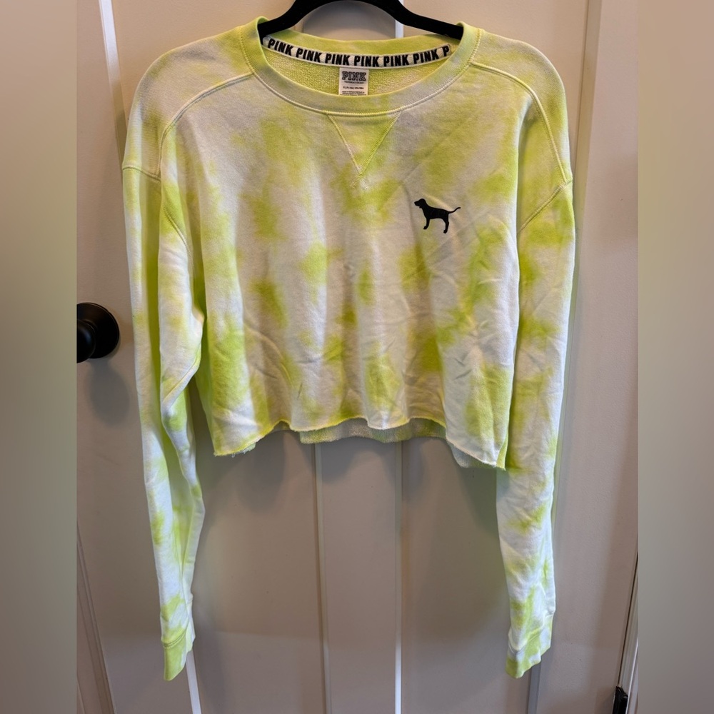 PINK Victoria's Secret Neon Yellow Tie-Dye Cropped Crewneck Sweatshirt